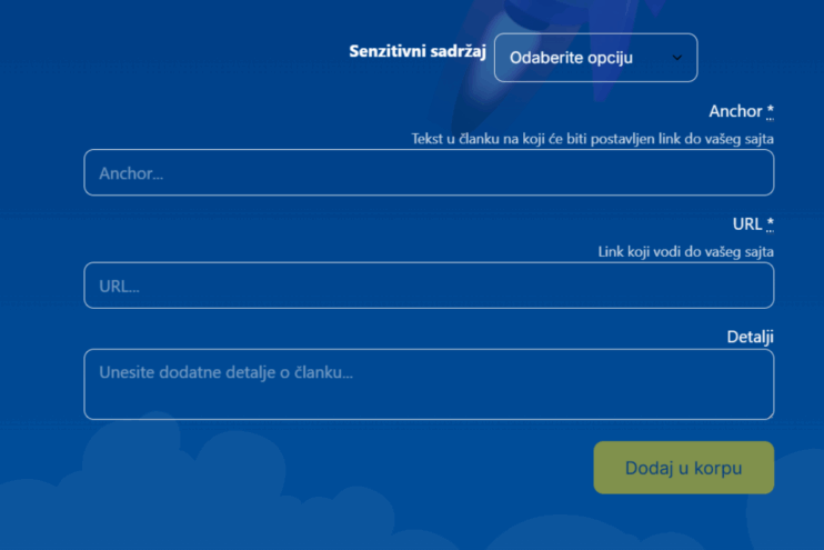 Formular za naručivanje backlinkova putem Spring.rs platforme