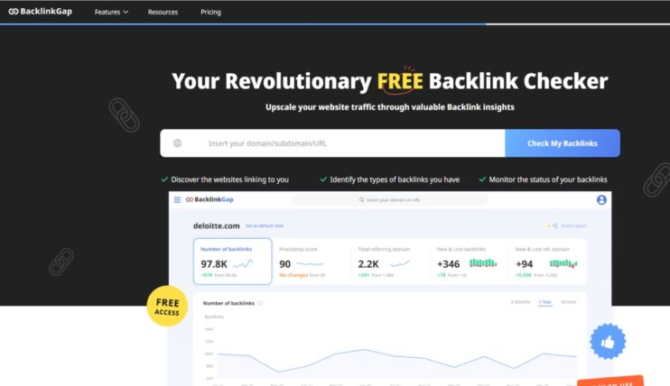 BacklinkGap alat, prikaz sajta