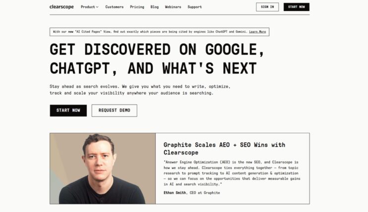 Clearscope alat, prikaz sajta