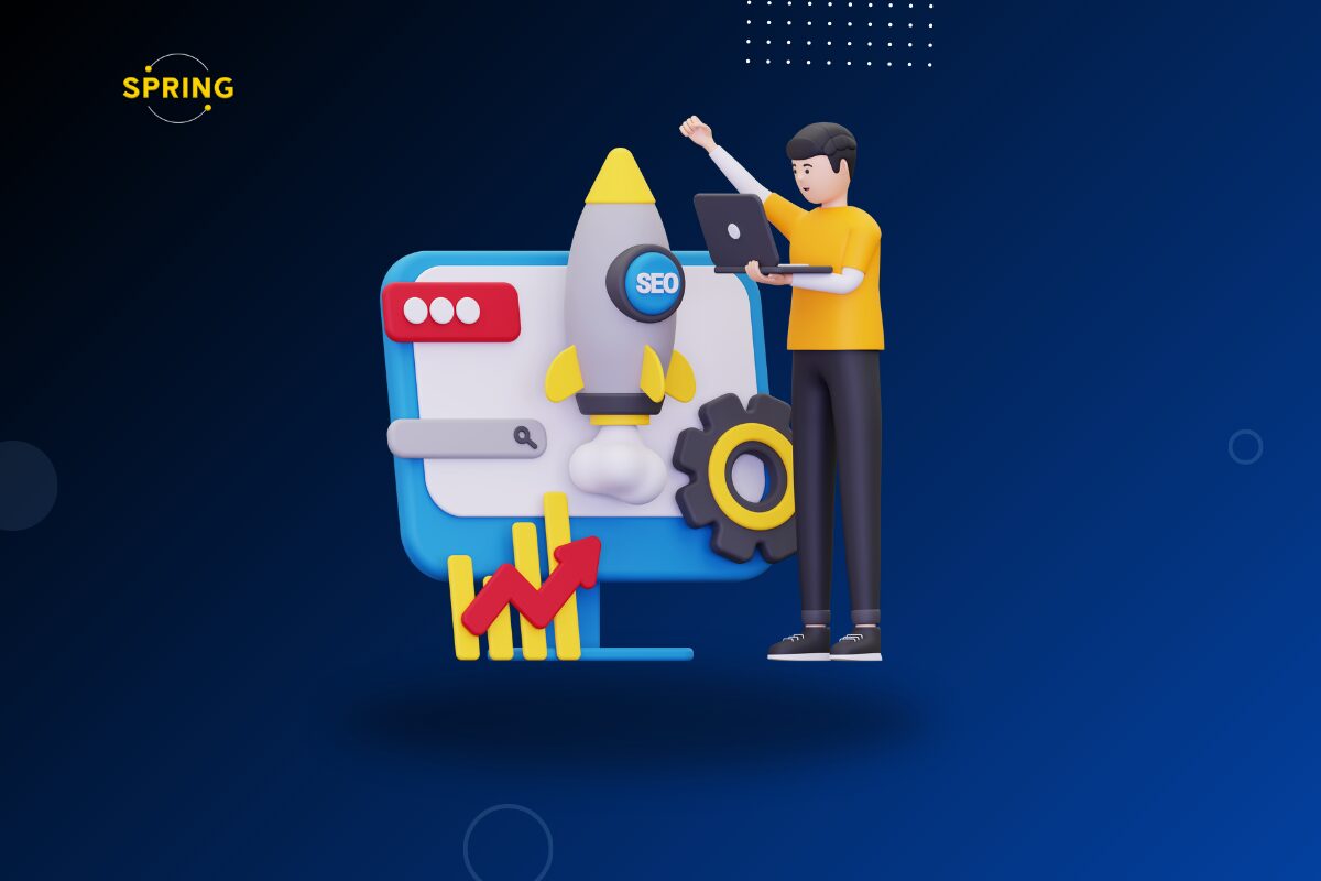 Ilustracija SEO optimizacije sa raketom, rastom pozicija i analizom performansi – vizuelni prikaz napredovanja sajta kroz link building i tehničku optimizaciju.