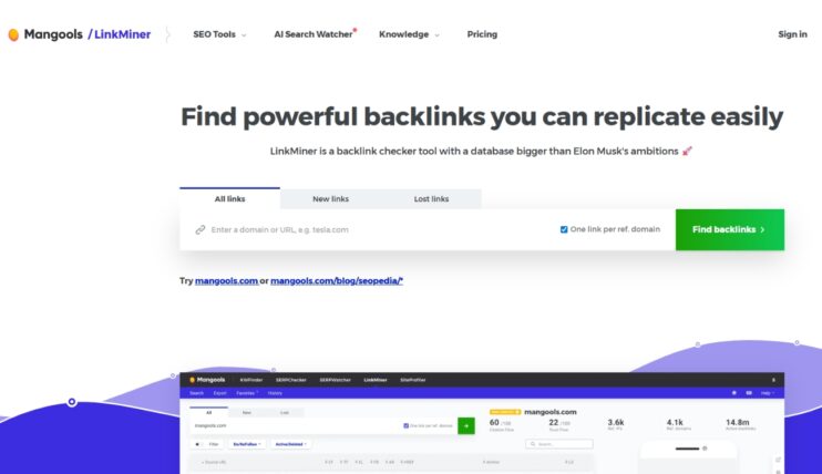 LinkMiner alat, prikaz sajta