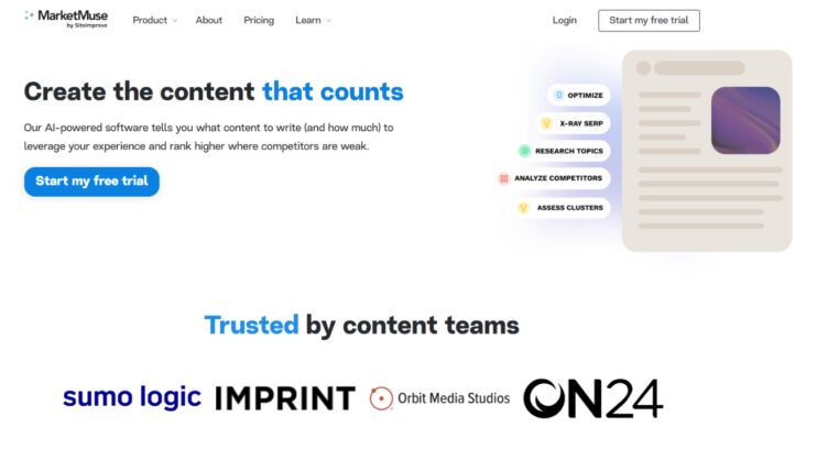 MarketMuse alat, prikaz sajta