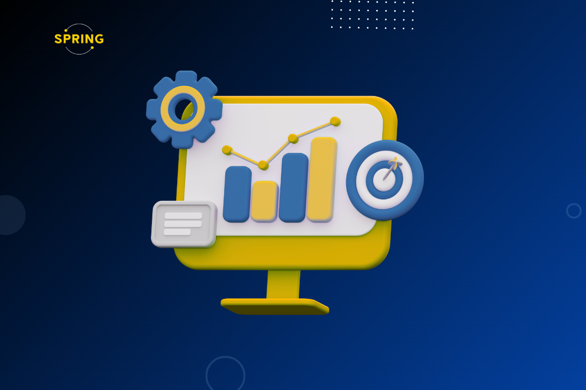 Ilustracija kontinuiranog SEO monitoringa - grafikon rasta, meta-cilj i ikona podešavanja na ekranu računara, simbolizuju praćenje performansi sajta i zadržavanje prednosti u odnosu na konkurenciju.