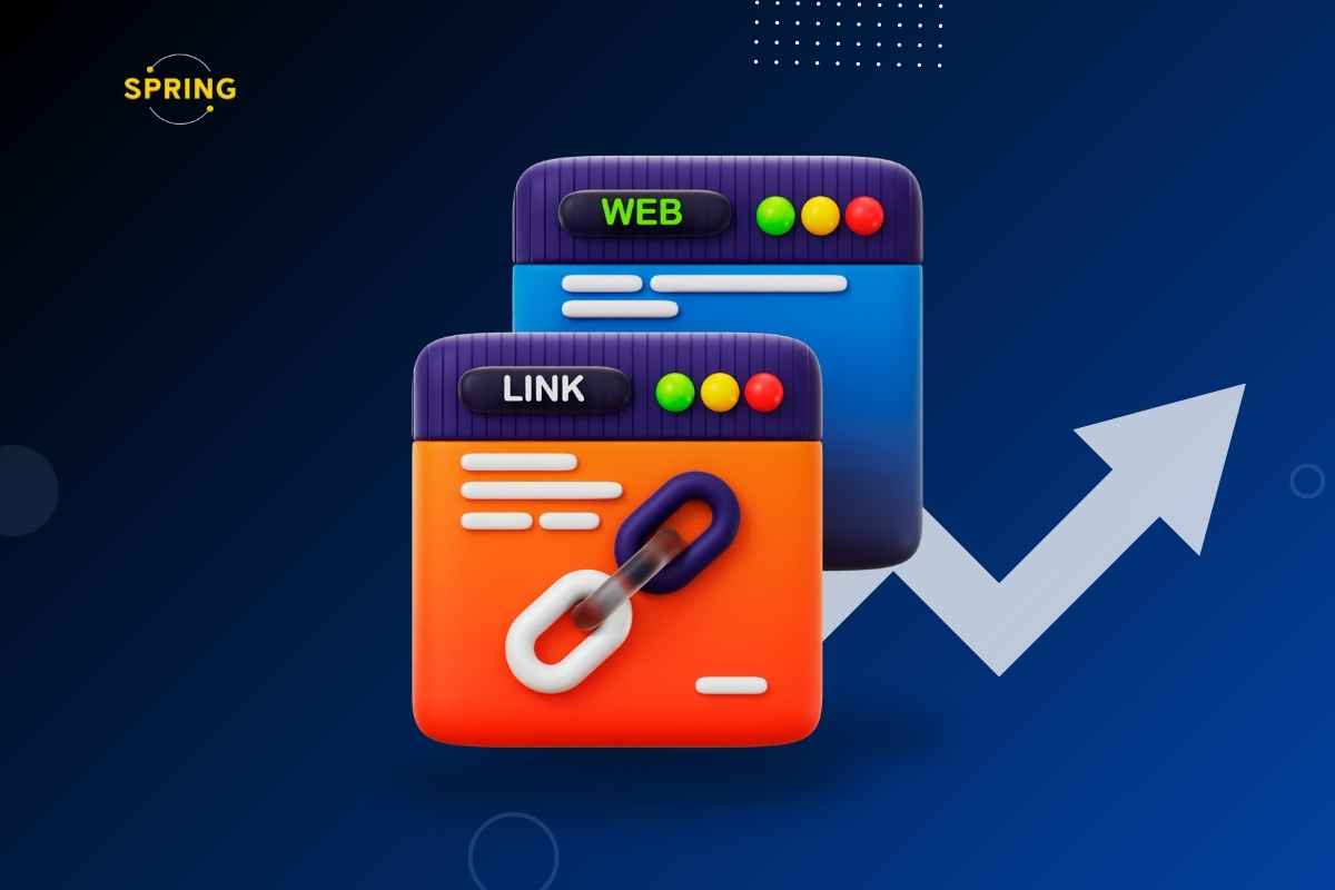 Ilustracija dve web stranice povezane linkom sa grafičkom strelicom rasta u pozadini