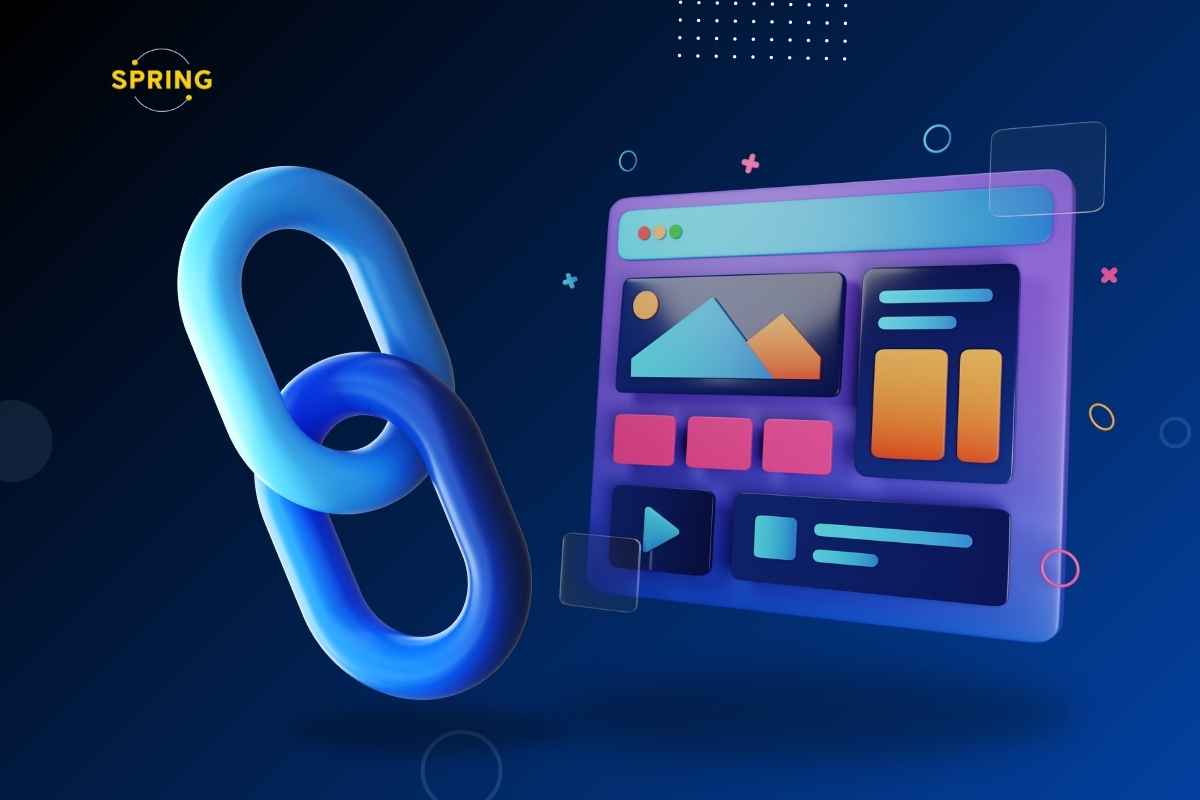 Ilustracija web stranice i velikog lanca koji simbolizuje interno linkovanje