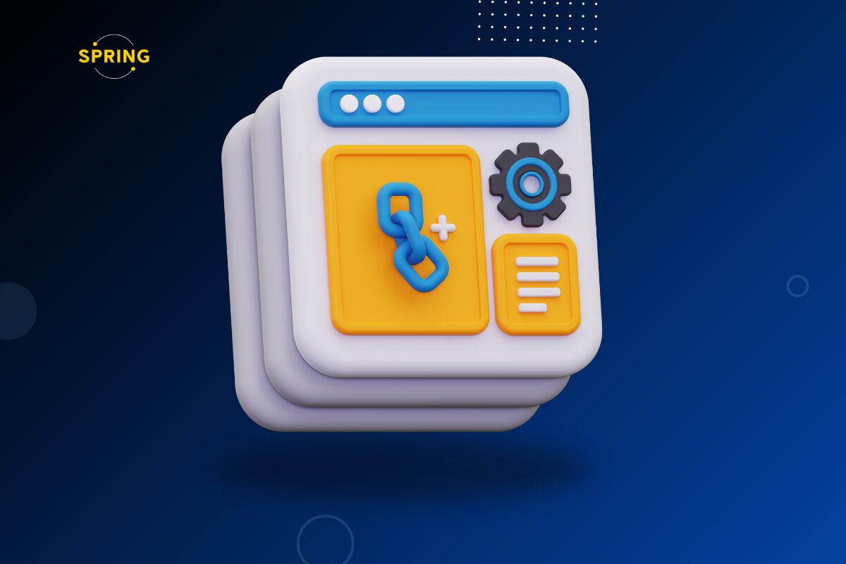 Ilustracija web stranice sa simbolom lanca i podešavanjima, koja predstavlja interno linkovanje i povezivanje sadržaja radi bolje SEO strukture sajta