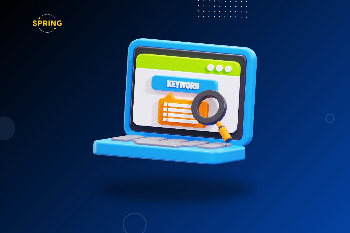 Ilustracija laptopa sa uvećalom i ključnom rečju kao simbol istraživanja ključnih reči i SEO bez plaćenih oglasa