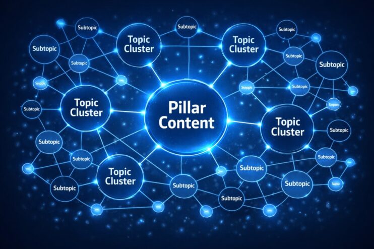 Ilustracija content klastera sa centralnim pillar sadržajem i povezanim tematskim čvorovima koji predstavljaju međusobno linkovane stranice.