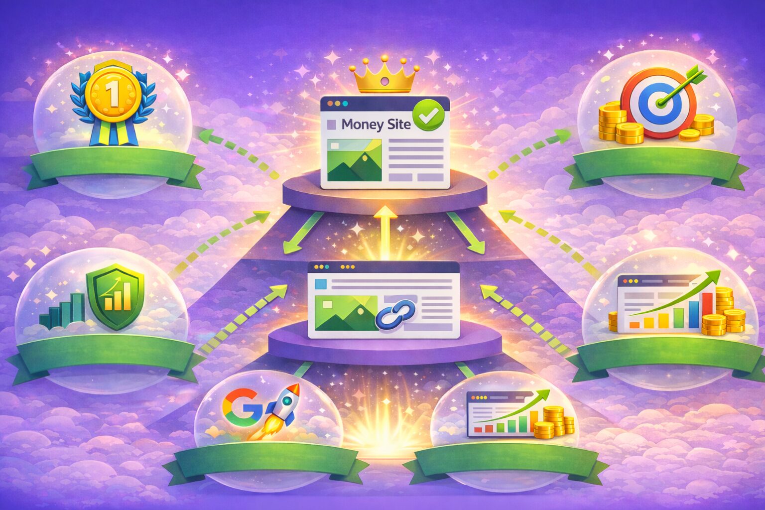 Tiered link building ilustracija koja prikazuje kako se autoritet i link equity prenose kroz više slojeva backlinkova ka sajtu