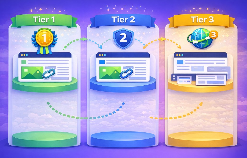 Tiered link building ilustracija koja prikazuje razliku između Tier 1, Tier 2 i Tier 3 linkova kroz vizuelne slojeve