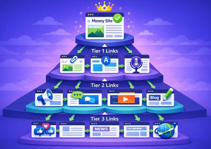 Tiered link building model koji ilustruje kako se SEO autoritet prenosi kroz više slojeva linkova