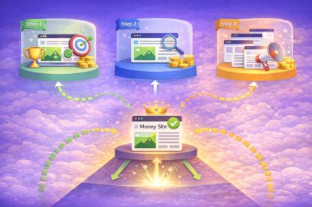 Ilustracija koja prikazuje proces implementacije tiered link building strategije kroz više koraka i slojeva linkova ka sajtu