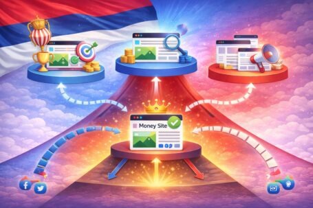 Tiered link building ilustracija prilagođena srpskom tržištu sa lokalnim SEO signalima i višeslojnom strukturom linkova