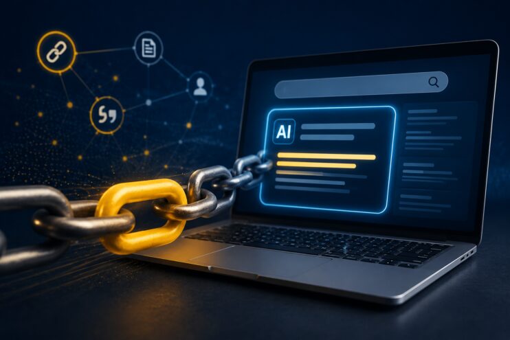 Link building i AI pretraga, ilustracija laptopa i povezanih linkova