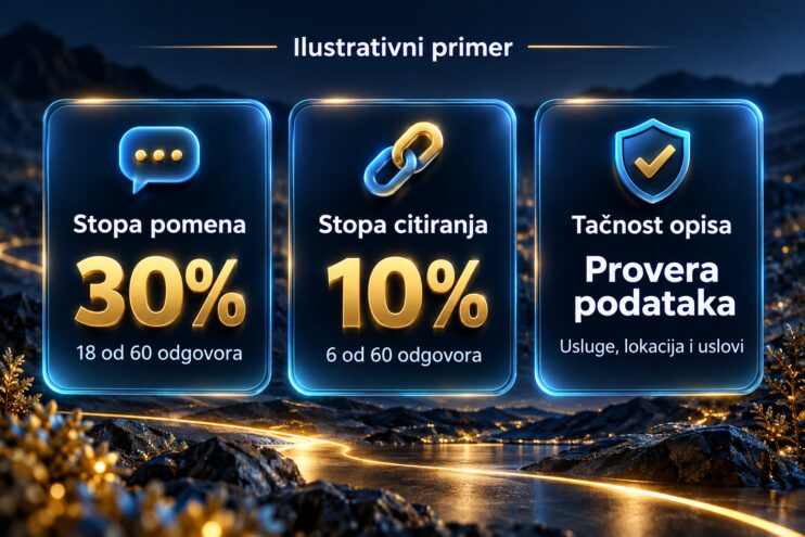 Ilustrativni primer merenja AI vidljivosti: stopa pomena 30%, stopa citiranja 10% i provera tačnosti opisa firme.